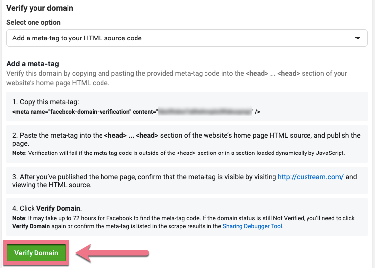 verify facebook meta tag