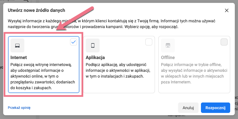 Zdjęcie z panelu konfiguracji Piksela Facebooka. Wybór źródła danych do konfiguracji z Landingi.