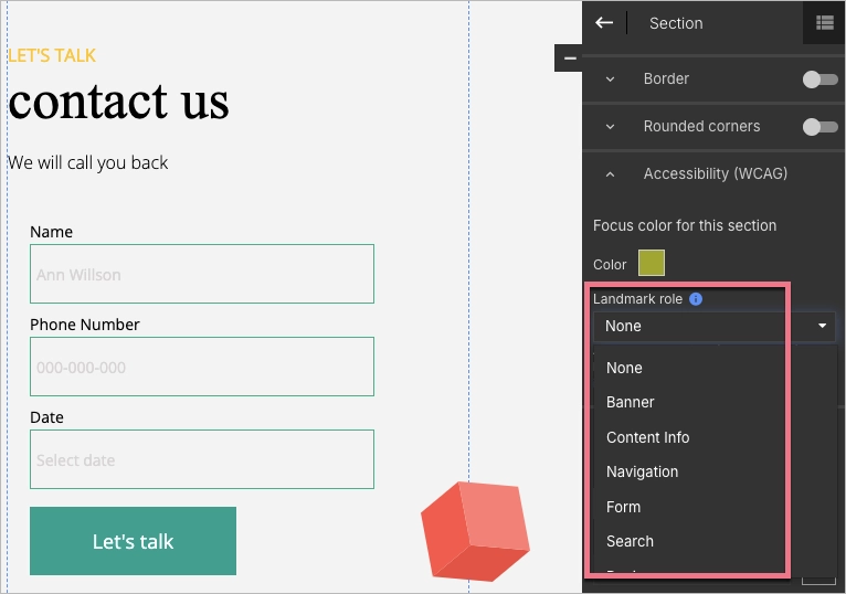 Editor panel with the expanded Landmark role list
