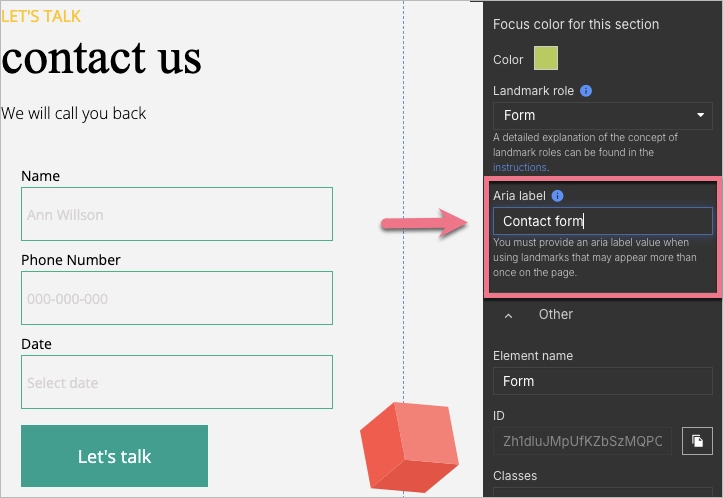 Landmark role with the aria-label field filled in the Landingi editor