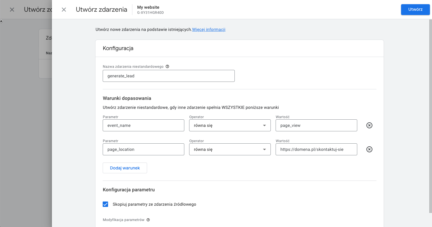 Konfigurowanie zdarzenia w Google Analytics 4