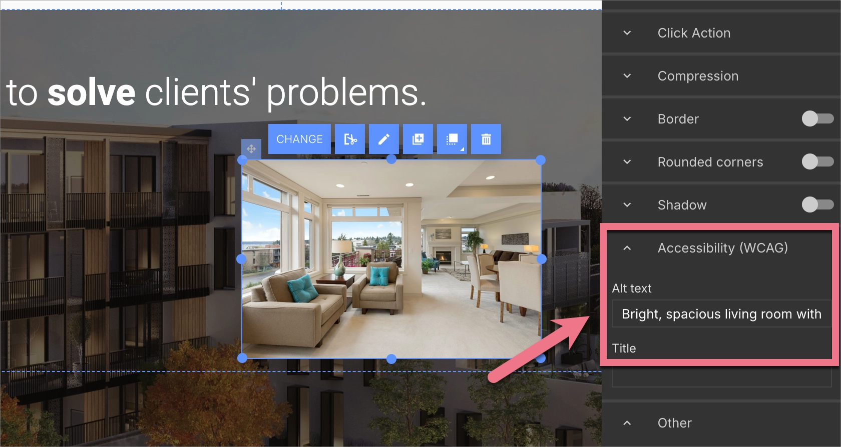 Typing ALT text for an image on a landing page