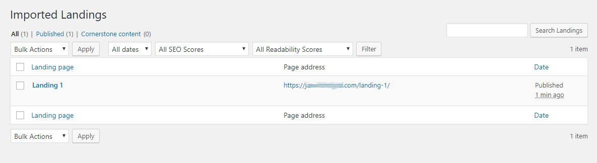 A list with imported landing pages in WordPress