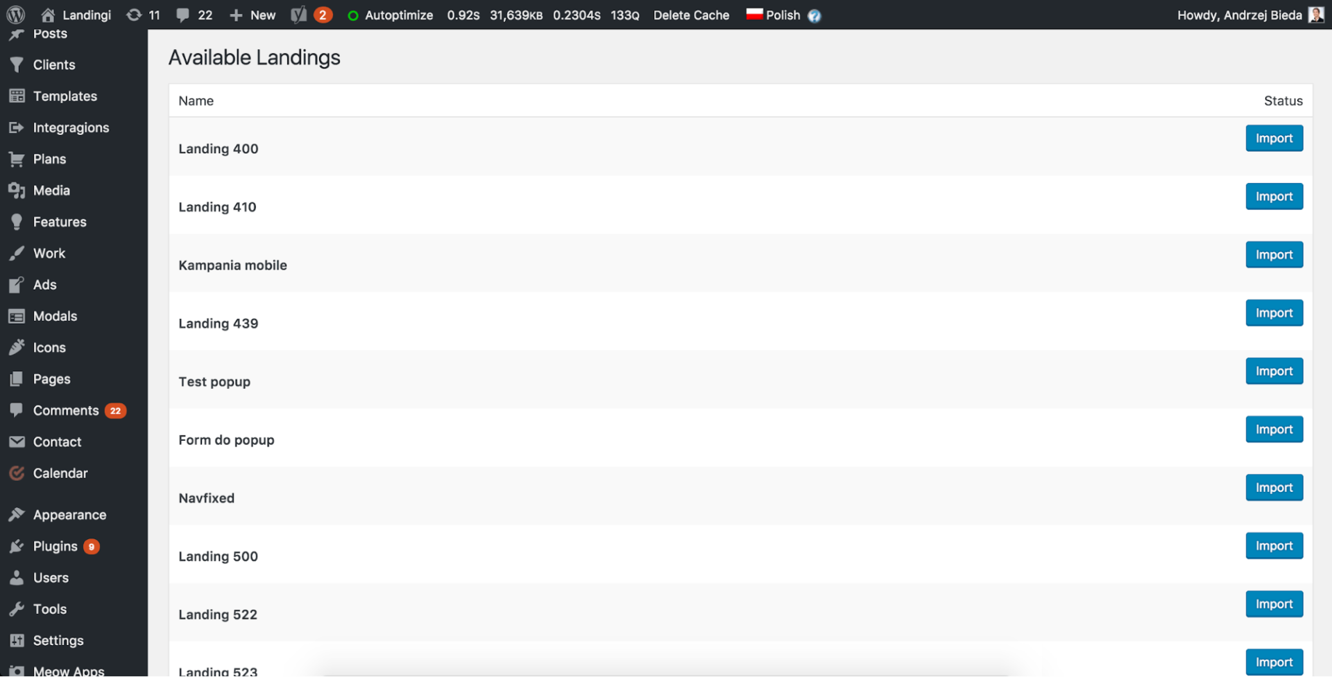 A list with landing pages available to import to WordPress