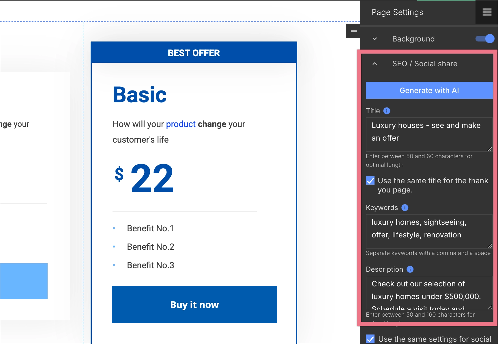 Landing page SEO settings in Landingi editor