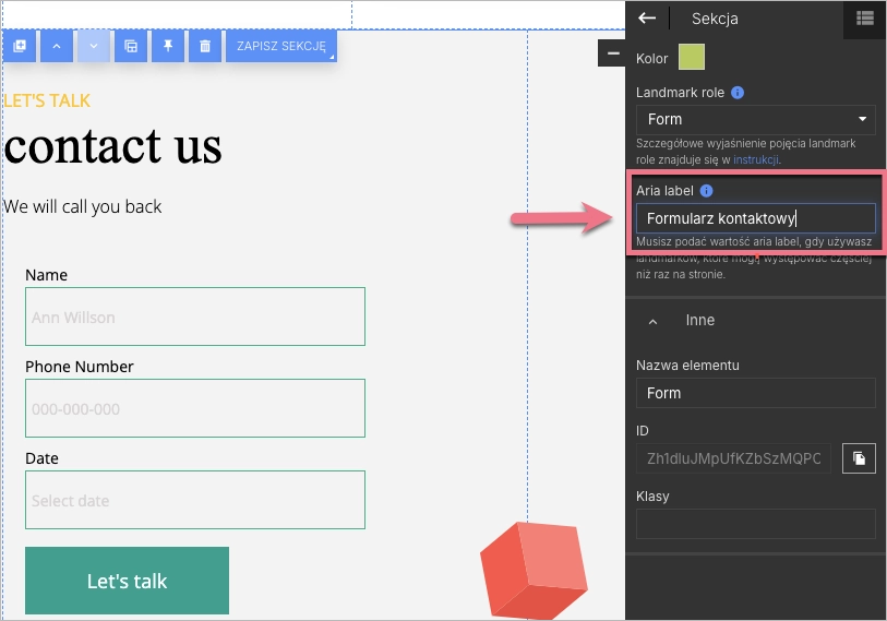 Landmark role z wypełnionym polem aria-label w edytorze Landingi