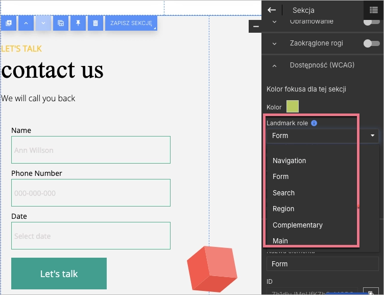 Panel edytora z rozwiniętą listą ról Landmark role