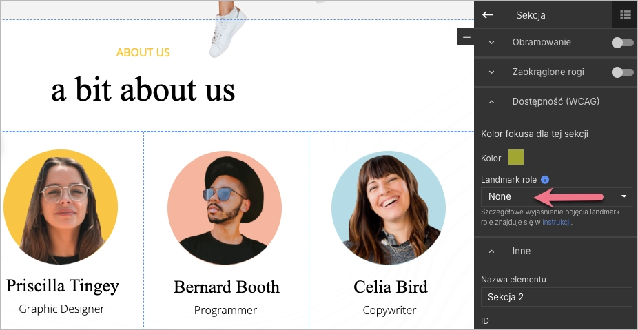 landmark role – ustawienie domyślne