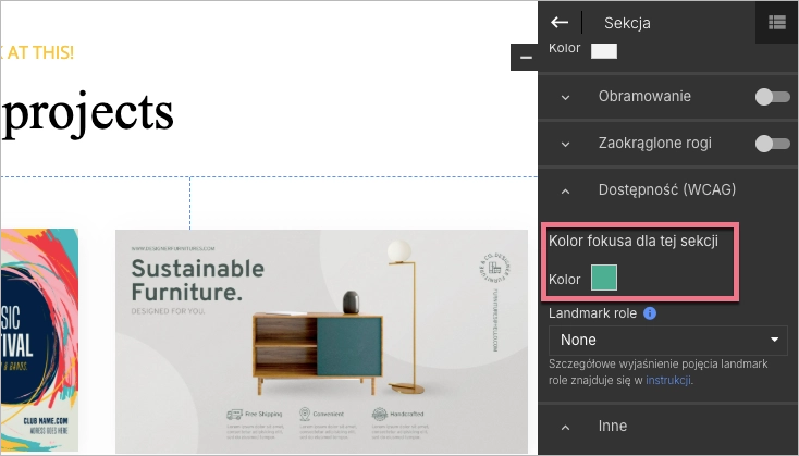 Panel edytora z widoczną opcją wyboru koloru fokusa dla wybranej sekcji landing page’a