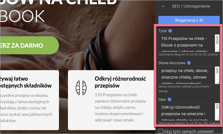 Treści SEO dodane do landing page'a w Landingi