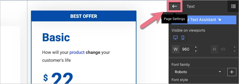 Page Settings toggle arrow