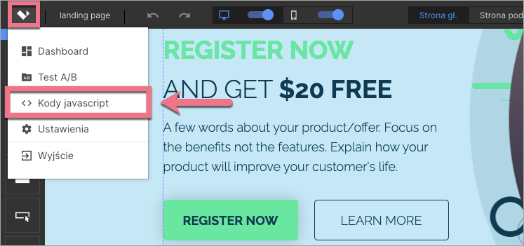 Nawigacja do kodów JavaScript landing page'a w Landingi