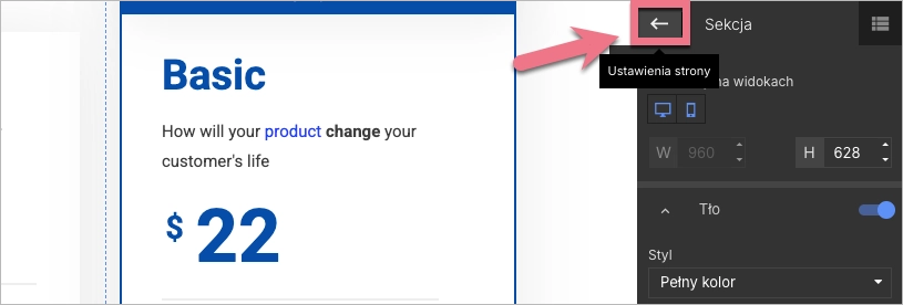 Strzałka przełączająca do Ustawień strony