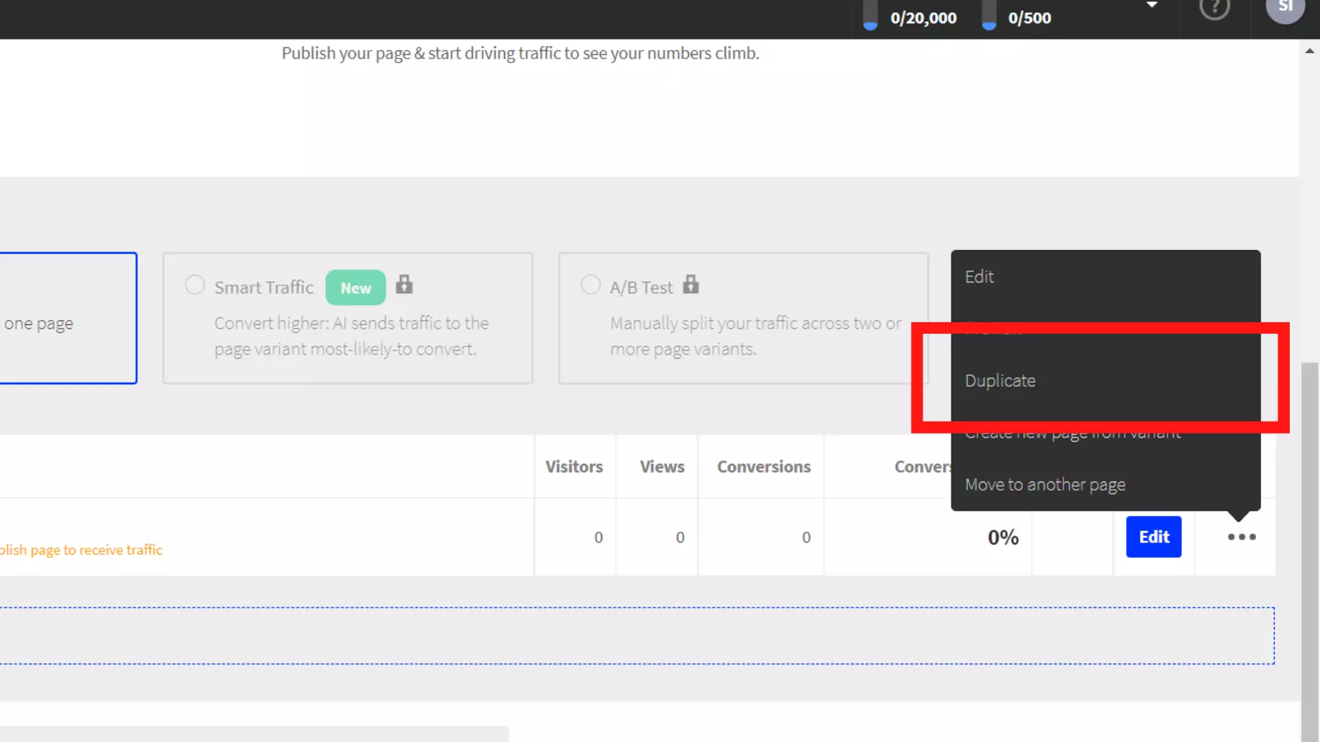Menu duplikacji w Unbounce