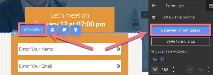 ustawienia formularza landingi