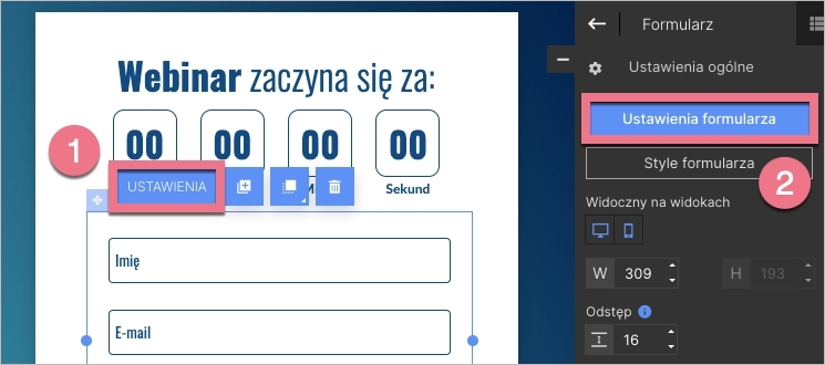 Ustawienia formularza w kreatorze landing page Landingi