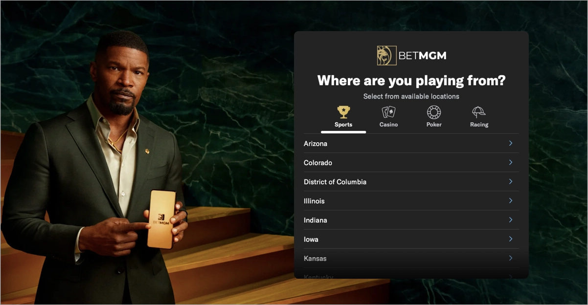 BetMGM - great example of a splash landing page that grabs visitor's attention effectively