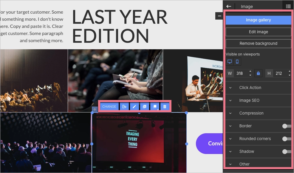 Image editing options in the editor