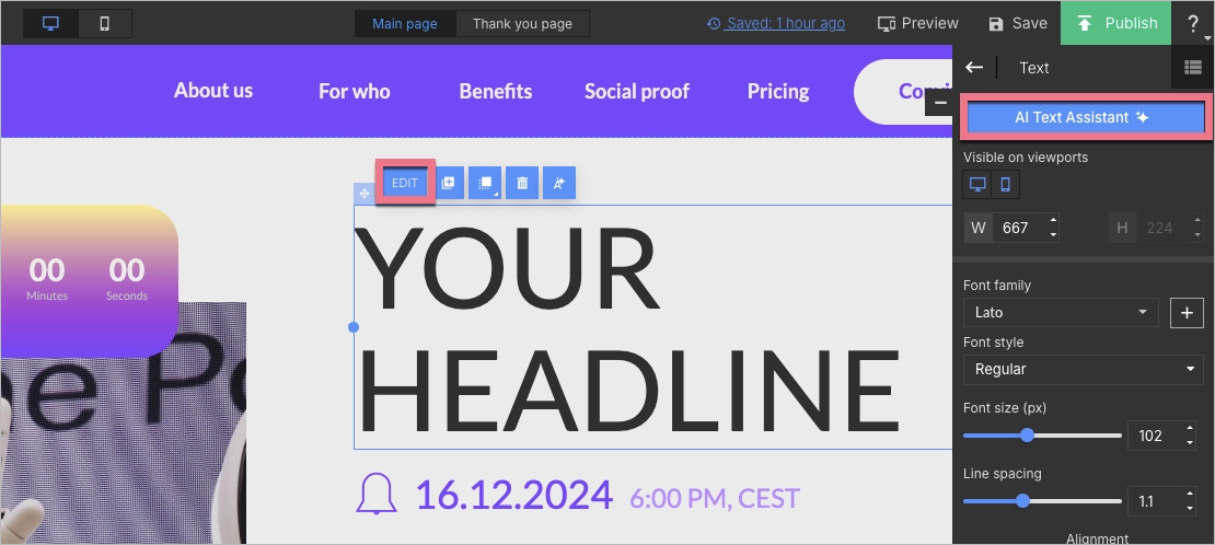 Text editing options in Landingi editor