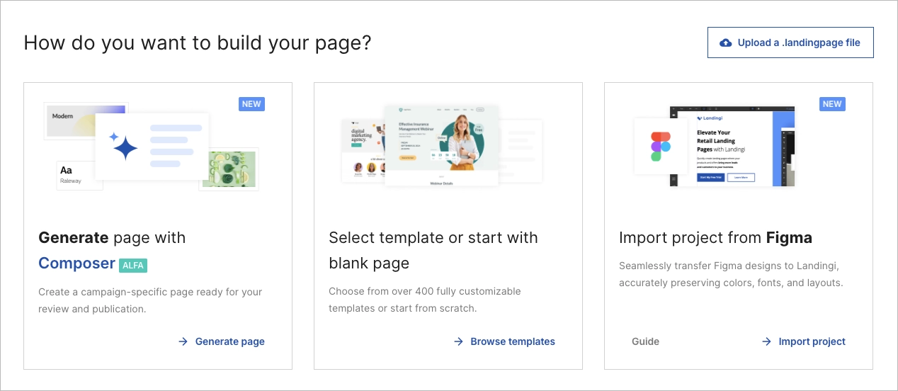 page creation options in Landingi