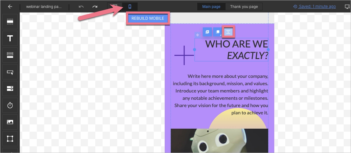 Landing page mobile view editor in Landingi