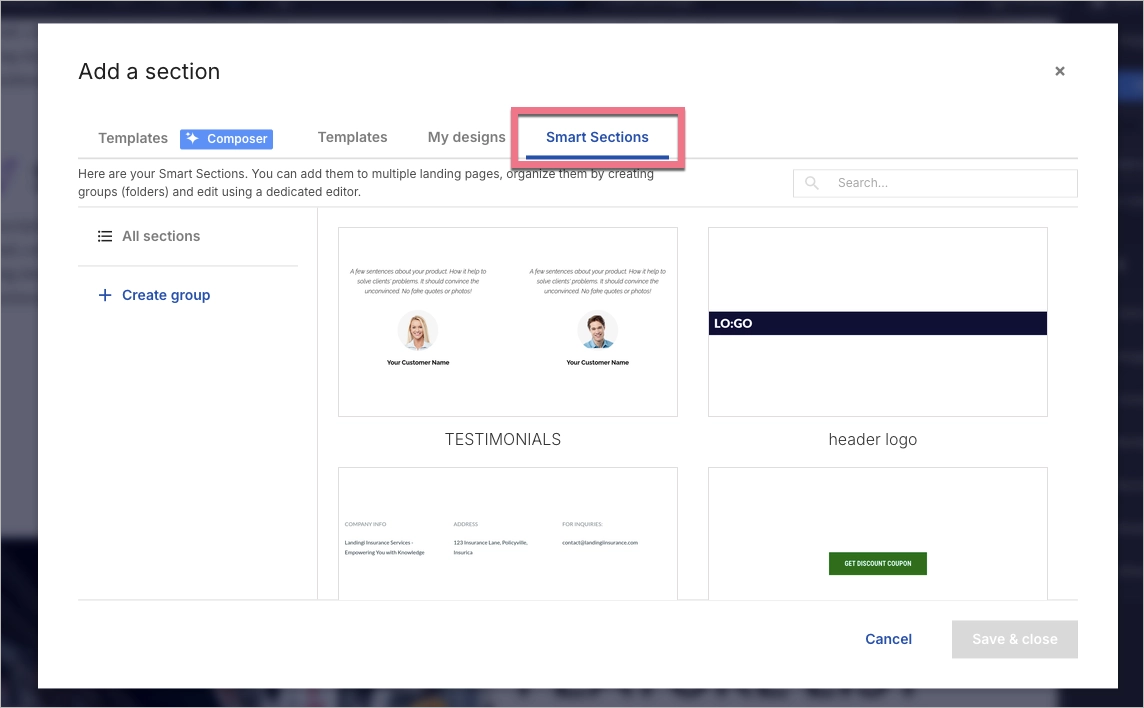 How to add a Smart Section to a landing page