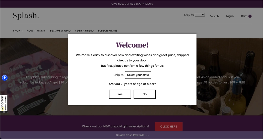 Splash Wines - landing page that inform visitors about age check