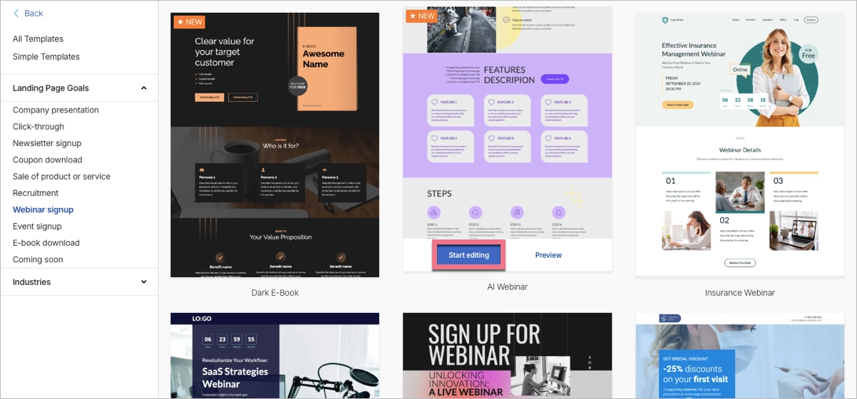 Landing page template gallery in Landingi