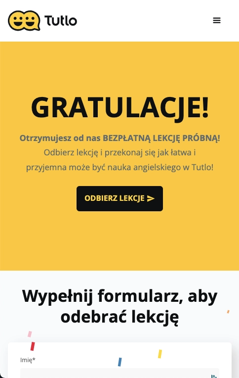 Landing page dla Instagrama Tutlo: promocja darmowej lekcji próbnej