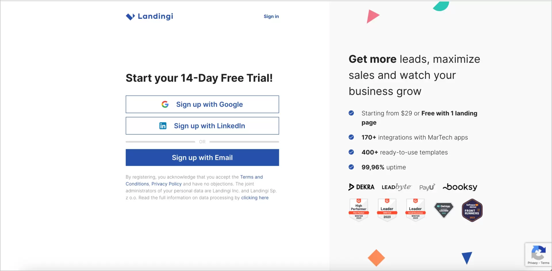 good landing page builder sign-up