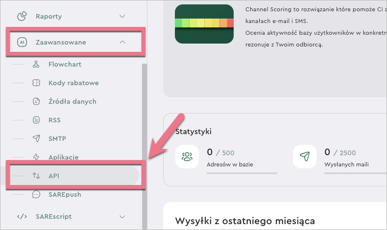 Przejdź do zakładki API w SARE