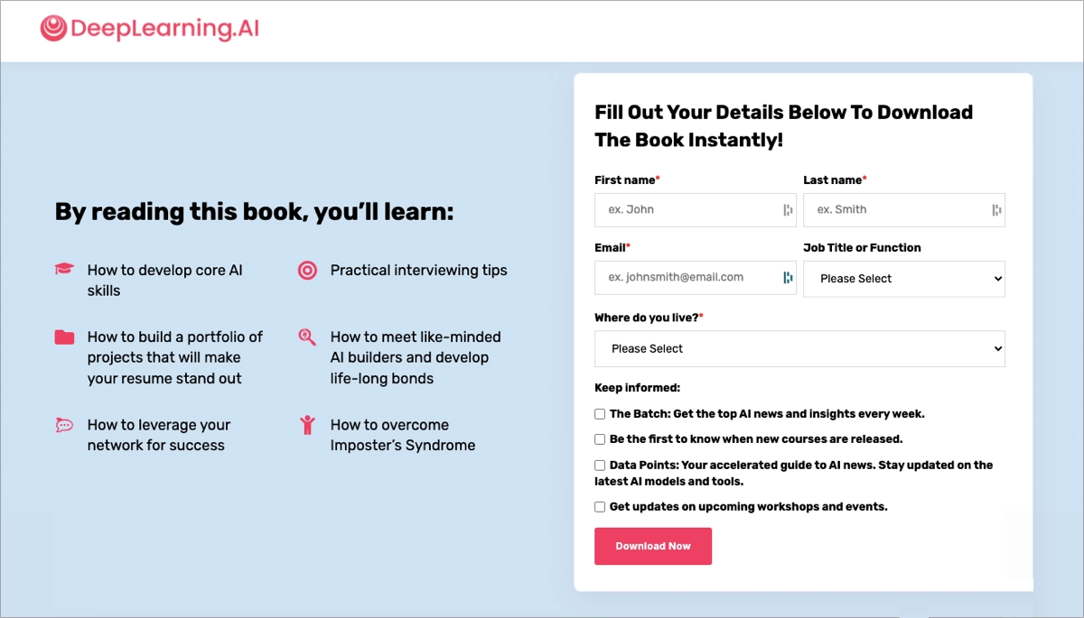 ebook page with download form