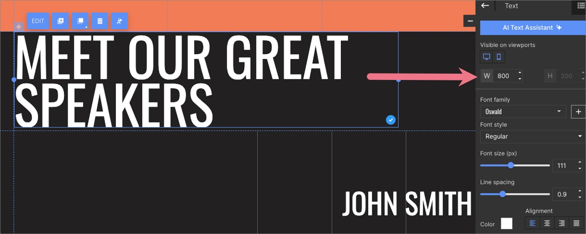 landing page size adjustment in editor