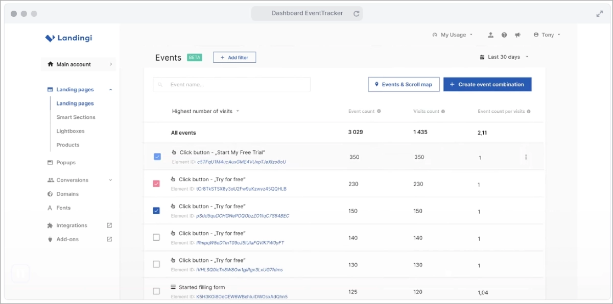 EventTracker interface in the Landingi platform