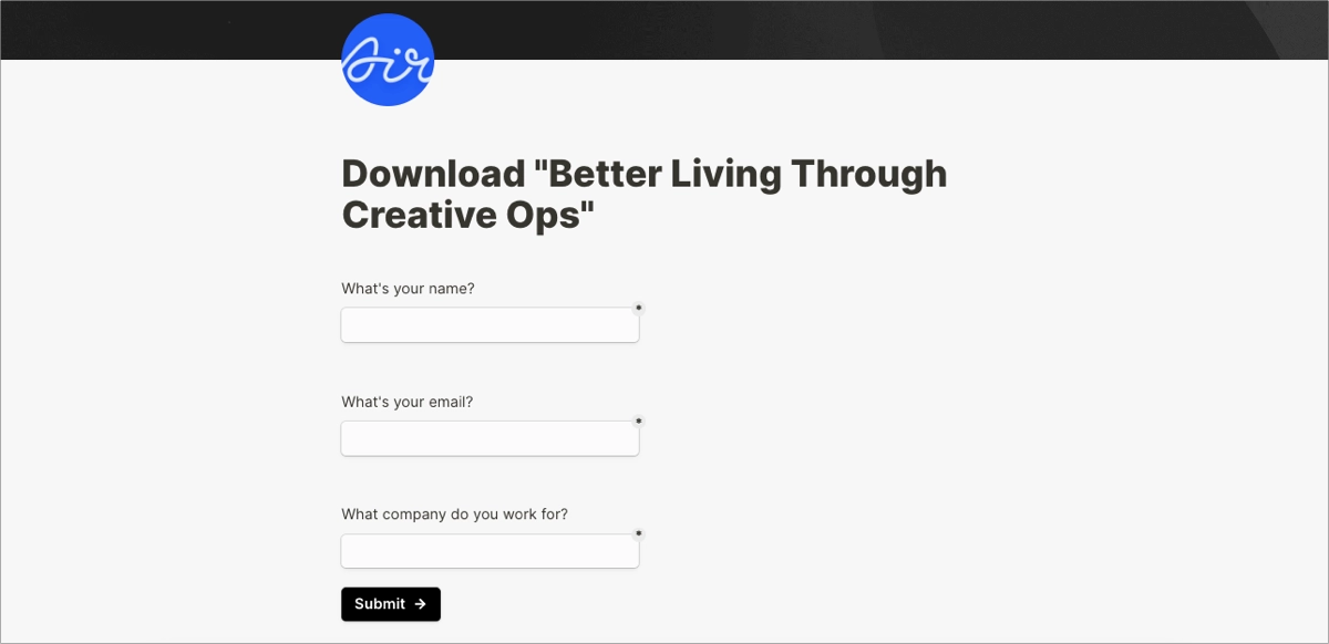 CTA and download form with lead data fields