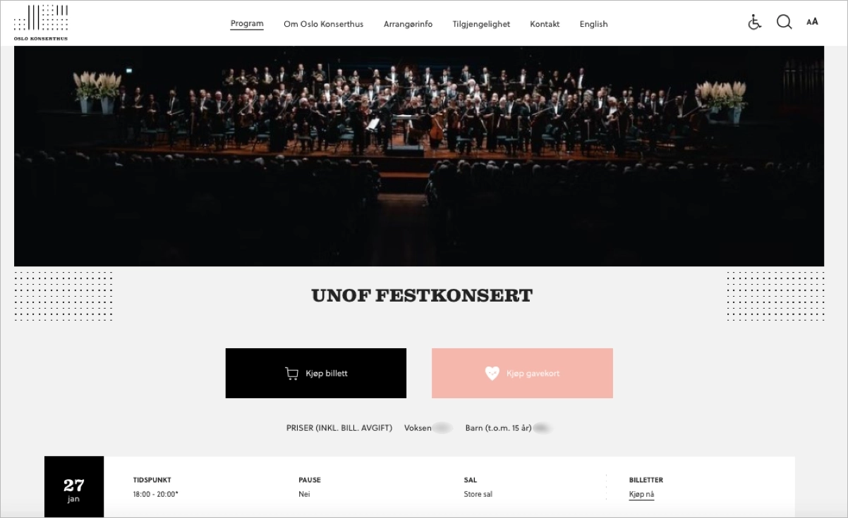 Landing page example for concert event
