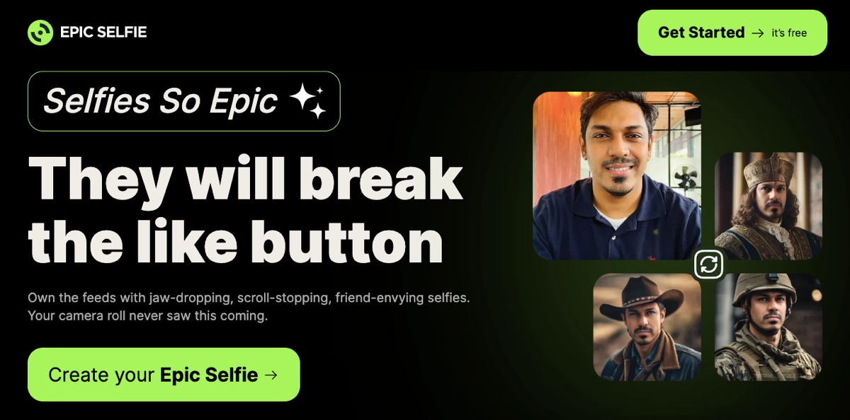 Epic Selfie - um exemplo de landing page de avaliação gratuita