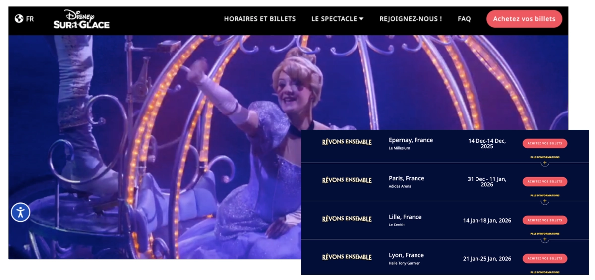 main event landing page for a show tour