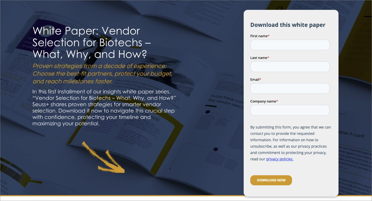 one of the best landing pages for white papers with orange arrow beneath intro