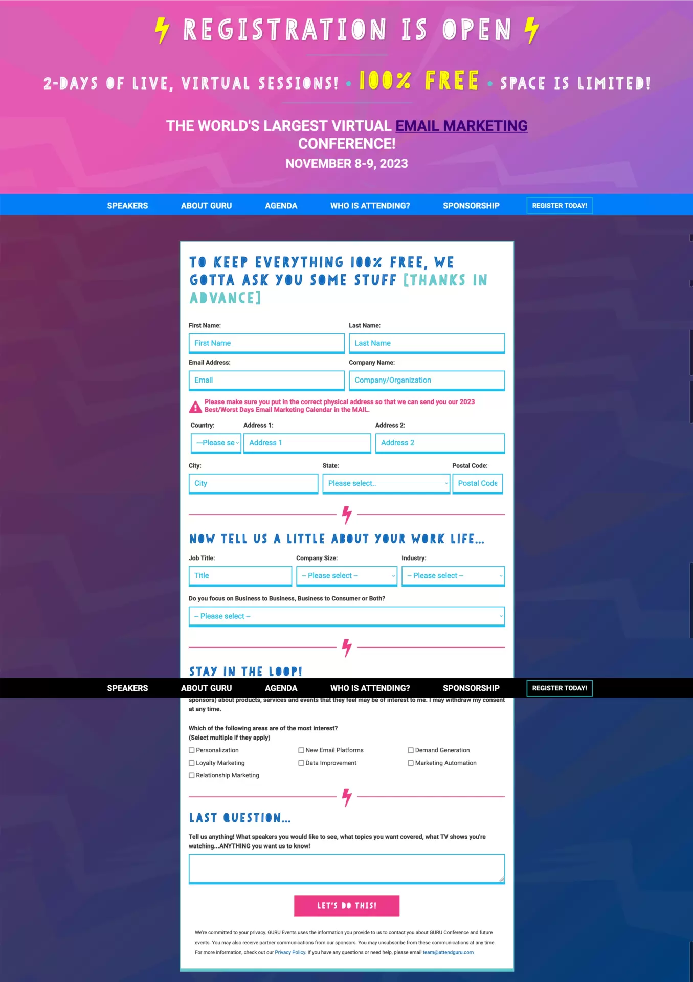 event signup form on landing page