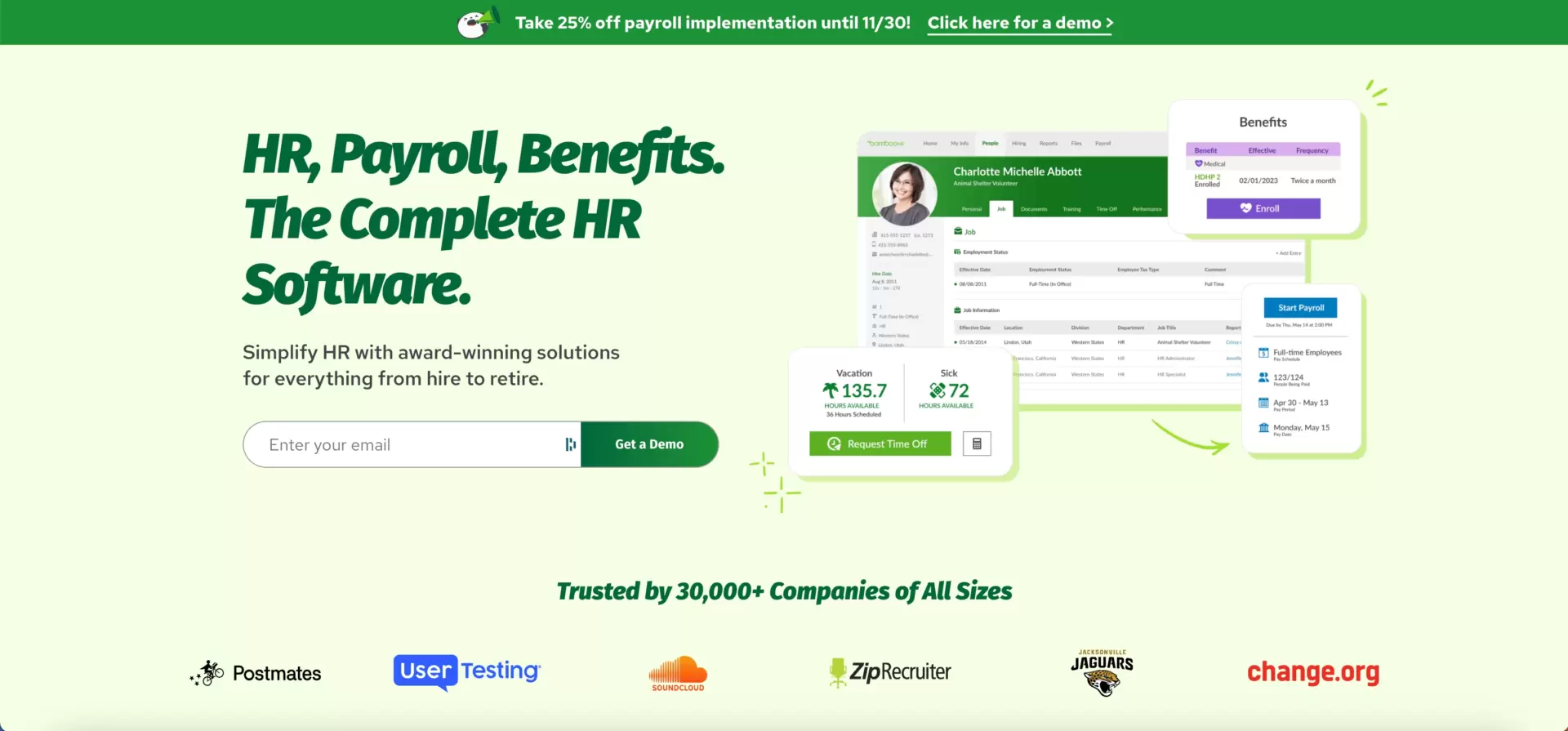 BambooHR opt in landing page com uma demonstração como um ímã de leads