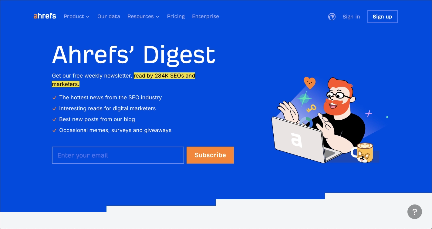 Newsletter landing page example by Ahrefs