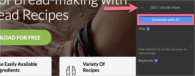 Landingi AI Assistance for SEO generating