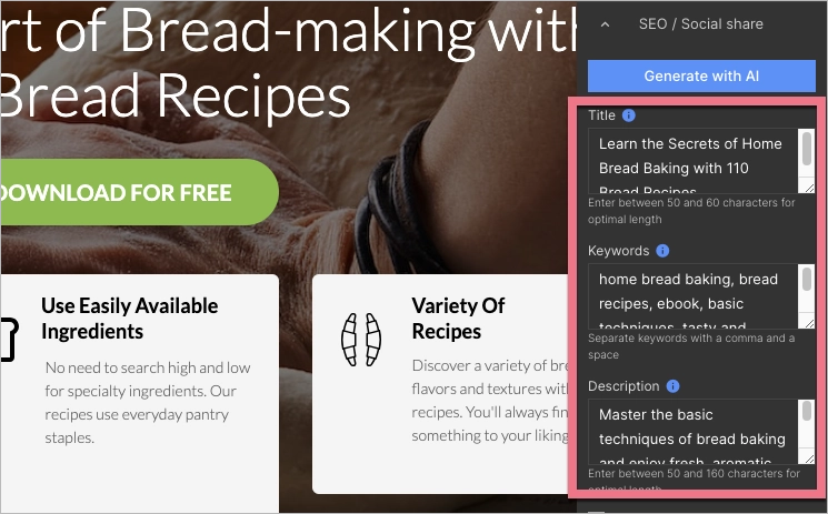 AI-generated SEO applied to landing page as title, description, and keywords