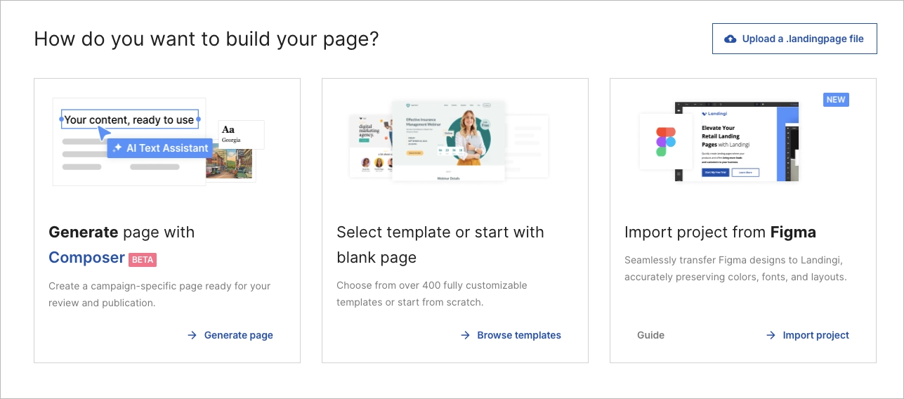 Three options to build in Landingi