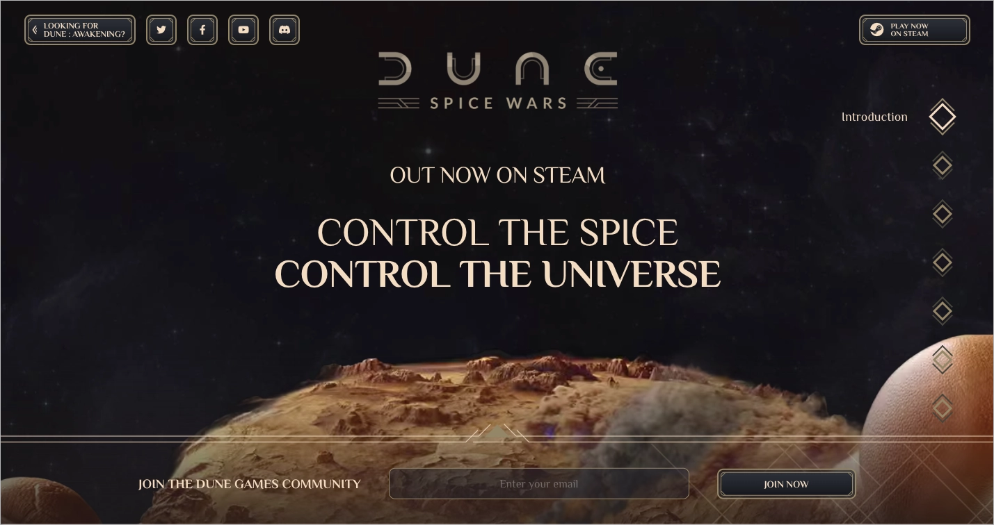 Exemplo de jogo landing page: Dune: Guerra das Especiarias