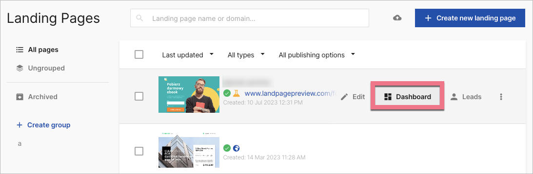 Access landing page dashboard in Landingi