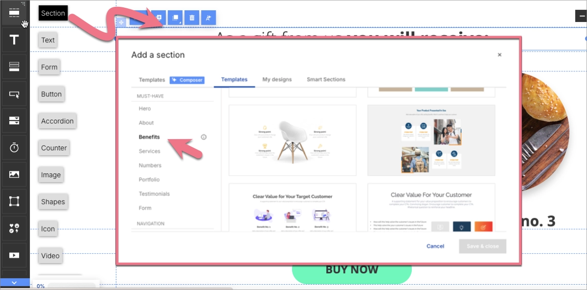 Benefits section in Landingi Builder
