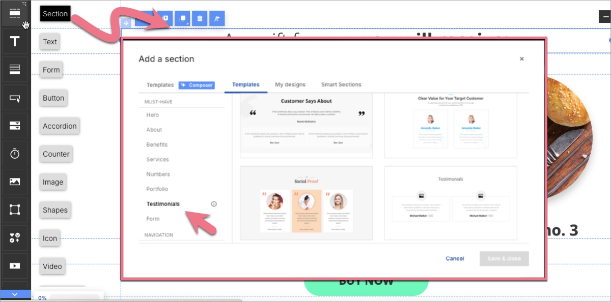 Testimonials Section in Landingi Builder