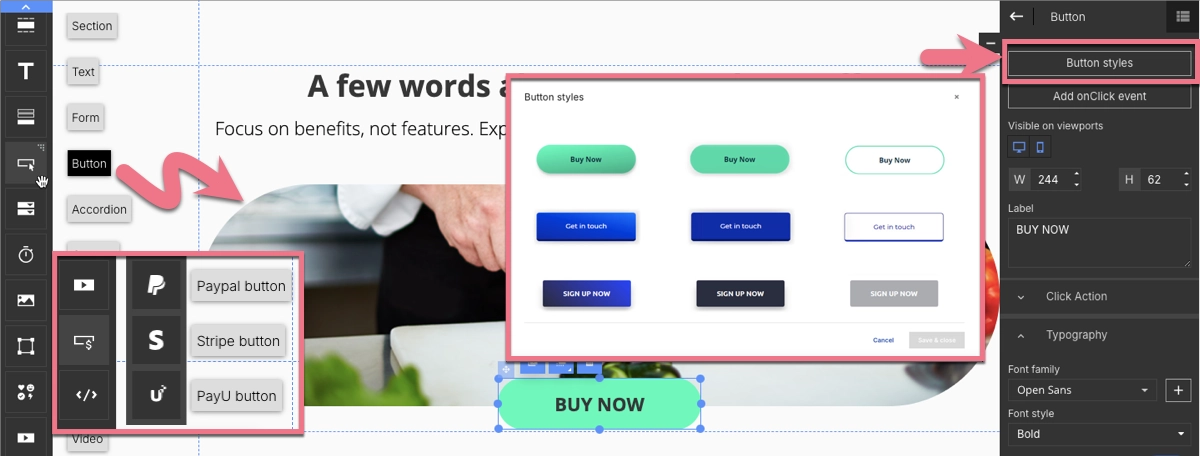 CTA button creation in Landingi's Builder